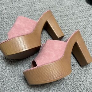 Chic Pink and Tan Platform Mules